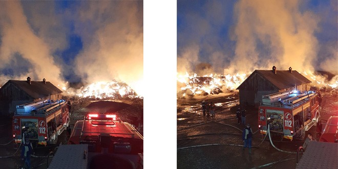 <h5><i>Cetățuia, comuna Sânsimion</i></h5> Un incendiu care a cuprins baloți de fân se manifestă pe o suprafață de aproximativ 1.000 de metri pătrați