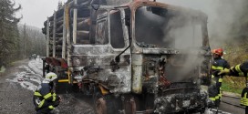 Incendiu la un autocamion cu remorcă încărcat cu lemne, în Joseni