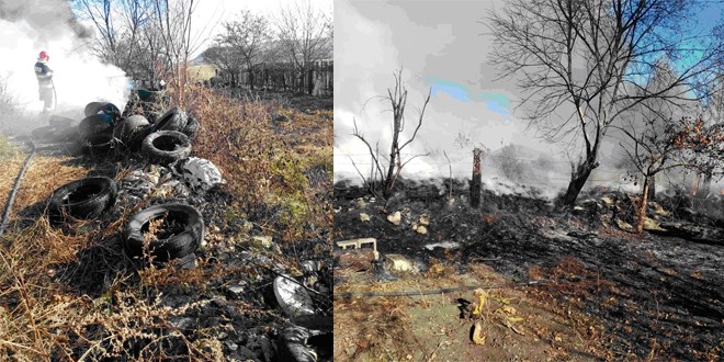 Amendă de 10.000 lei aplicată unei persoane fizice după ce mai multe anvelope uzate au ars într-un incendiu de vegetaţie uscată