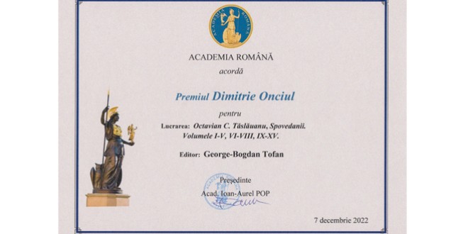 Un bilborean geograf, dr. Tofan George-Bogdan, obţine premiul „Dimitrie Onciul”al Academiei Române
