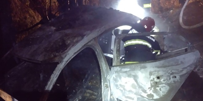 Un autoturism a luat foc după ce a părăsit partea carosabilă și s-a izbit de un copac